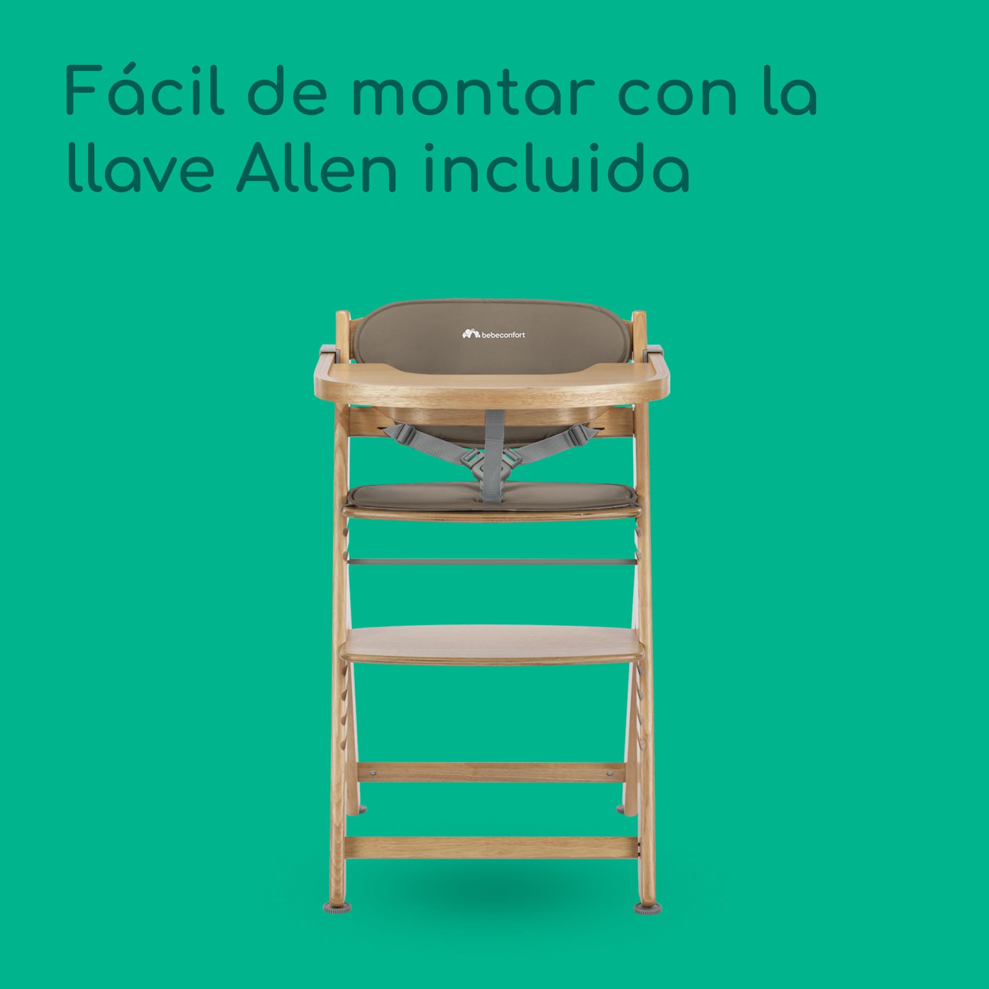 Bebeconfort Timba 2 con Cojín, Trona Bebé Evolutiva, Desde 6 meses hasta 110 kg, Silla Trona Bebé Comedor Ergonómica, Apta Todo Tipo Mesas, Bandeja Extraíble, Con Arnés, Natural Wood (Madera)+Beige