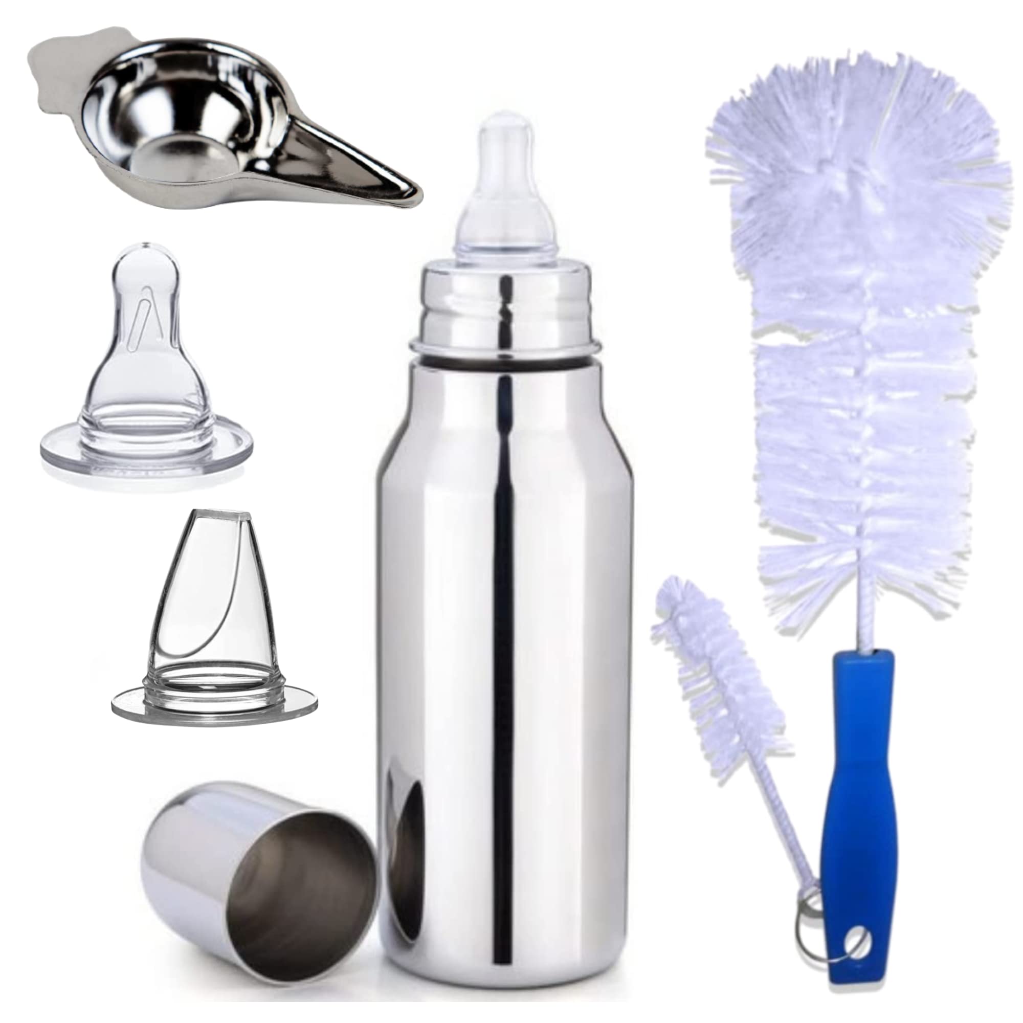 PGD Premium Deluxe Design Stainless Steel Baby Feeding Bottle with Paladai Feeder Spoon, Cleaning Brush Set, Extra Sipper and Nipple for Milk/Water Feeding (Deluxe 300ml Basic Combo)