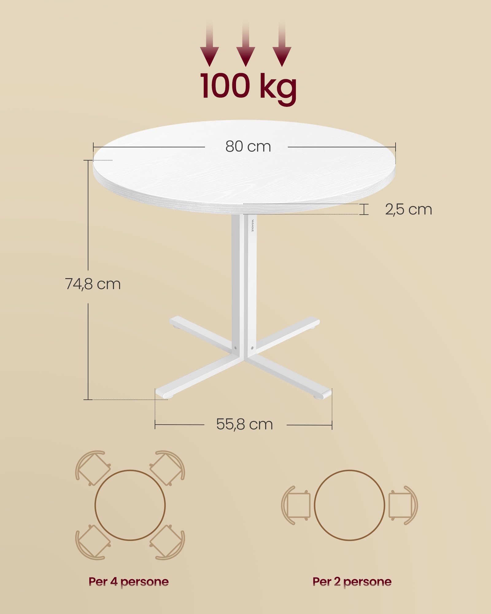 VASAGLE Tavolo da Pranzo Rotondo, Tavolino da Cucina per 4 Persone, Stile Rustico, Piano Resistente all'Acqua, diam. 80 cm, Altezza 74,8 cm, Sala da Pranzo, Soggiorno, Bianco Neve KDT082W01