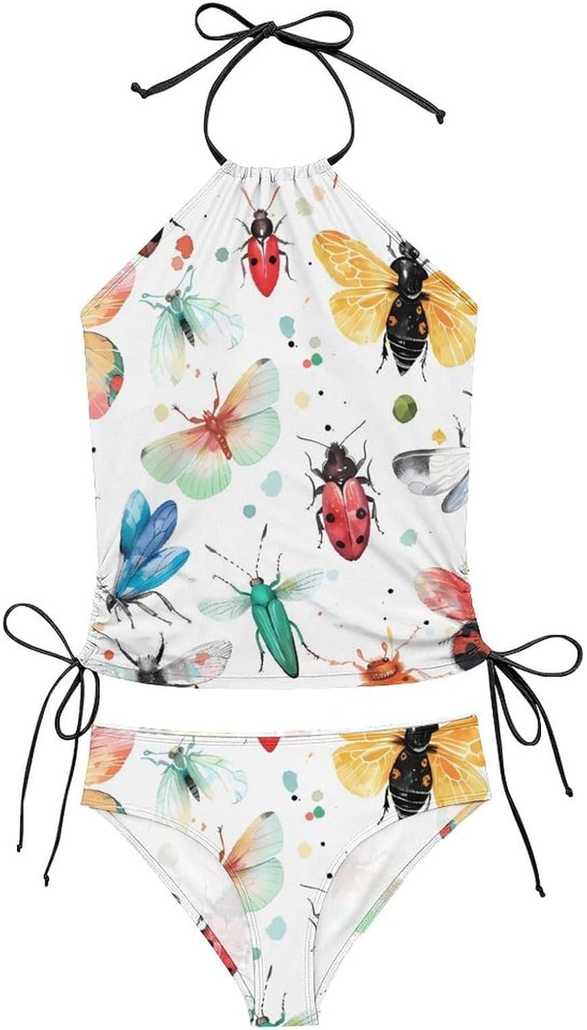Colorful Insects Women's Tankini Swimsuit Two Piece Tummy Control Bathing Suits Tie String Swimwear