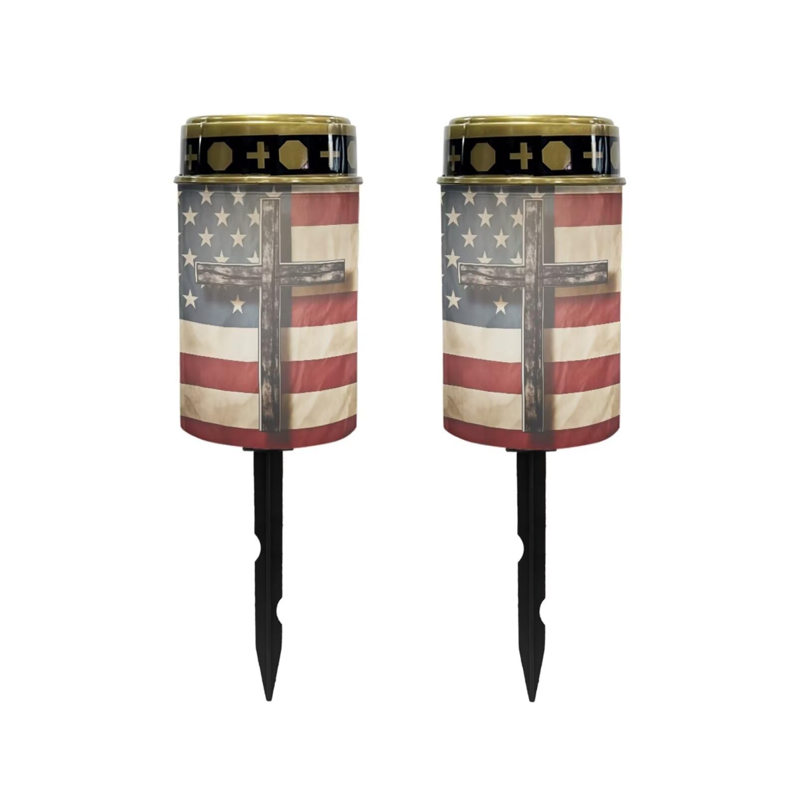Poceacles Cross Solar Pathway Lights Outdoor Grave Solar Lights Outside Waterproof Cemetery Flameless Candles Outdoor Solar Candle Grave Markers Eternal Decor, American Flag Cross, Pack of 2
