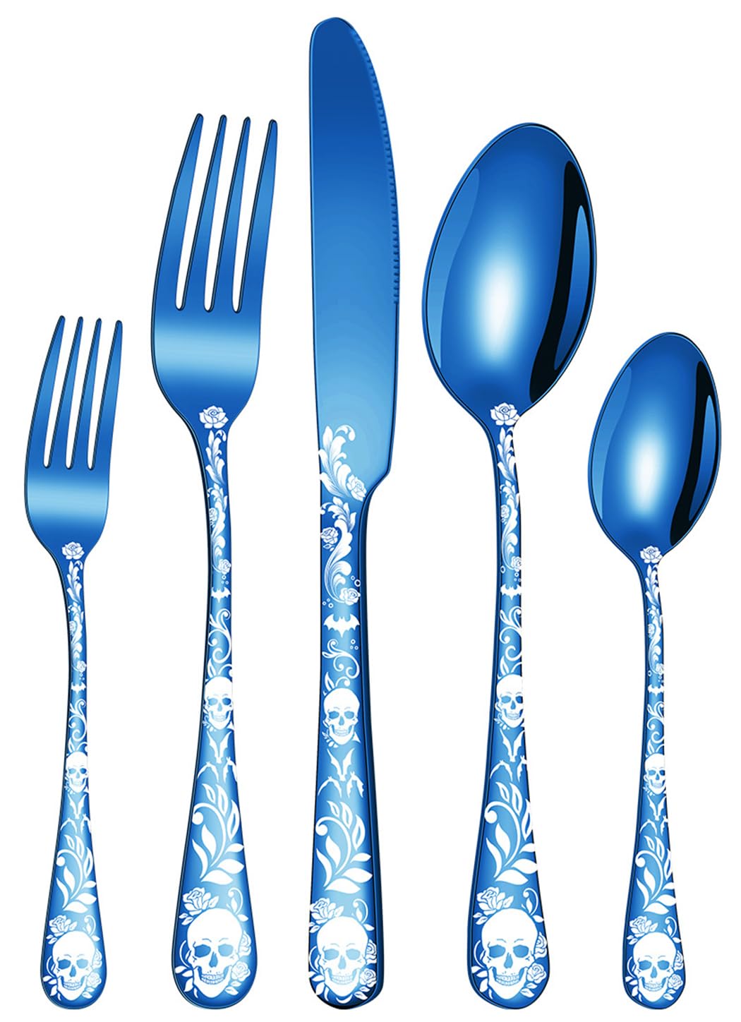 XIAOYU 5 Piece Gothic Skull Silverware Set, Halloween Bizarre Flatware Set, Skeleton Flower Unique Pattern Design, Knife Fork Spoon Cutlery Set for Halloween Easter Christmas, Blue