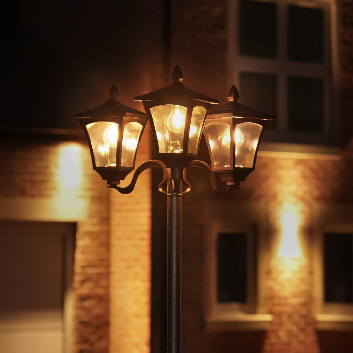 Festive Lights - 2.1m (7ft) Solar Filament Effect Triple Head Traditional Victorian Style Lamp Post Light - 9 Warm White LEDs, Dual Brightness Settings - Outdoor Garden Feature, IP44 Rated, Fixing Kit