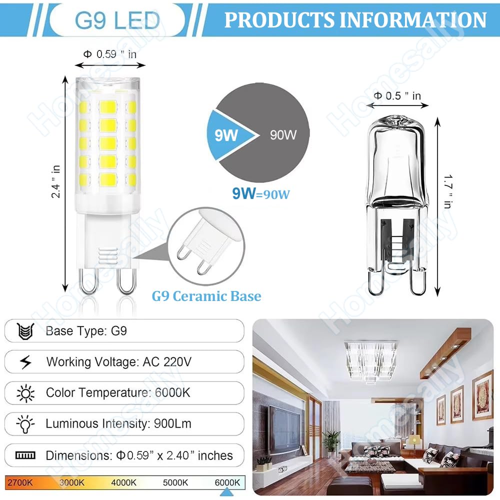 Warm white,10pcs,Lampadine LED G9 Luce Calda 3000K, G9 LED 9W Equivalente G9 90W Lampada Alogena, Angolo a fascio 360 °Non Dimmerabile, 900LM, AC220-240V, Risparmio energetico, Confezione da 10