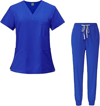 Medical Overalls Suit V-neck Short-sleeved Top with 3 Pockets Slim Pants Quick-drying Unisex DK05