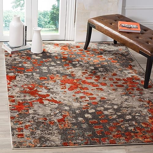 SAFAVIEH Monaco Collection Area Rug - 8' x 10', Grey & Orange, Boho Chic Abstract Watercolor Design, Non-Shedding & Easy Care, Ideal for High Traffic Areas in Living Room, Bedroom (MNC225H)