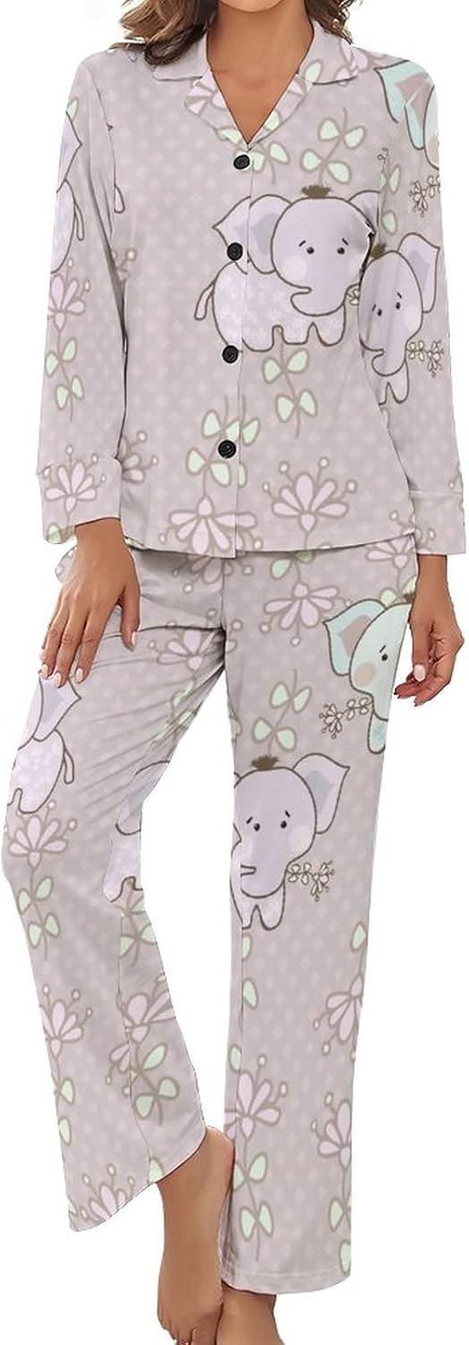 Elephants And Flowers,Women's Cute Sleepwear Tops with Pants Pajama Sets_XL