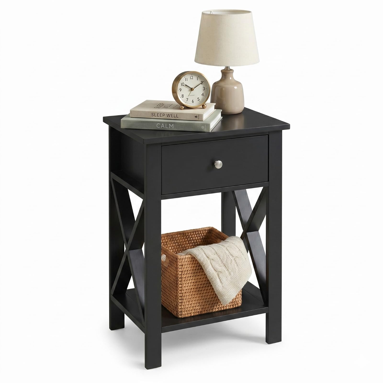 URBNLIVING 1 Drawer Wooden Bedside Table, Modern X-Frame Nightstand with Open Storage Shelf, Durable Compact Side End Table for Bedroom Living Room Home Office - (Black - 1 Pack)