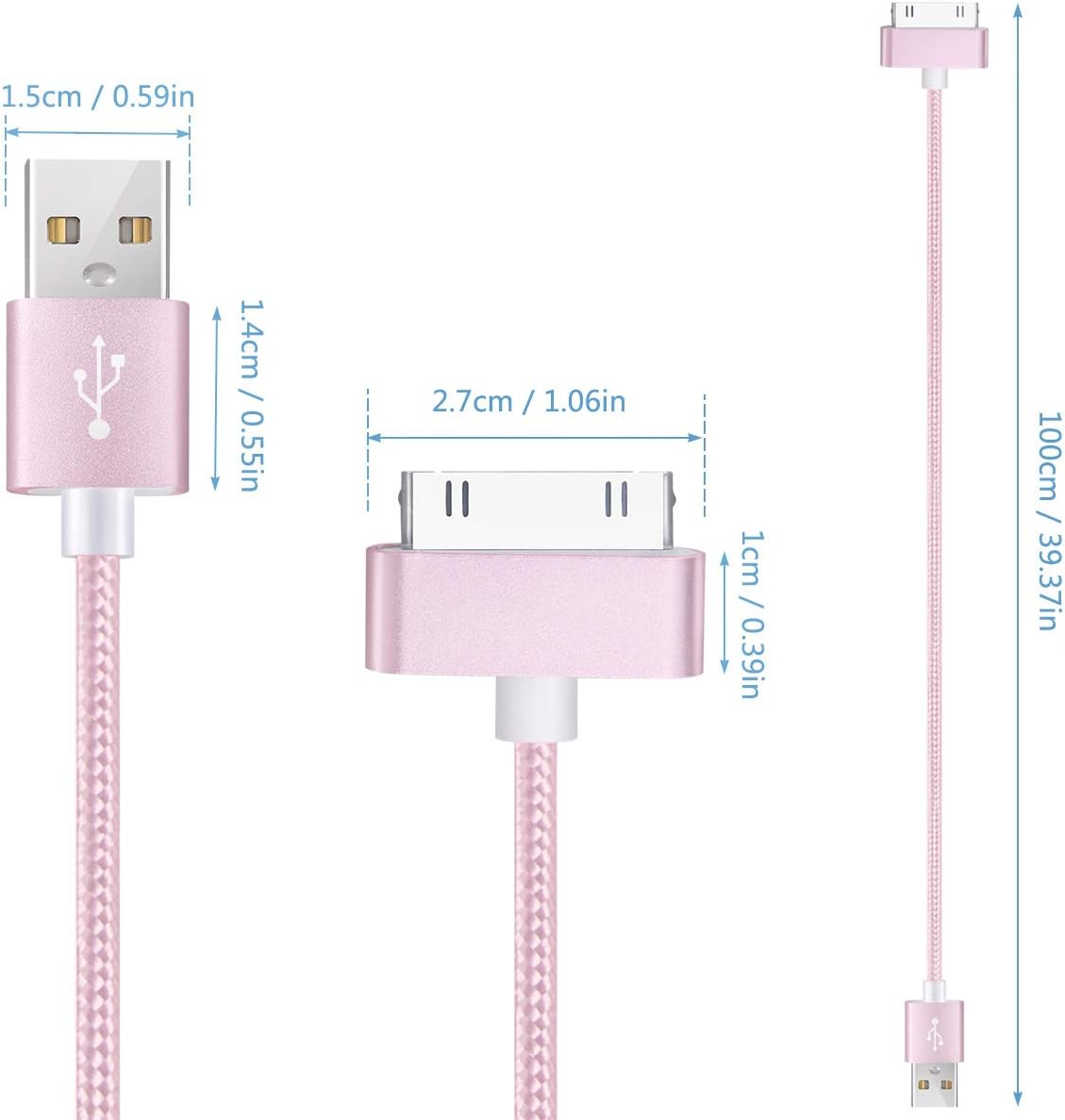 CABAX 3 Feet Replacement High Speed USB 2.0 Nylon Braided Sync and Charging Charger Cable Cord for Apple iPhone 4, 4s, 3G, 3GS, 2G, iPad 1/2/3 iPod Touch, iPod Nano - Rose Gold