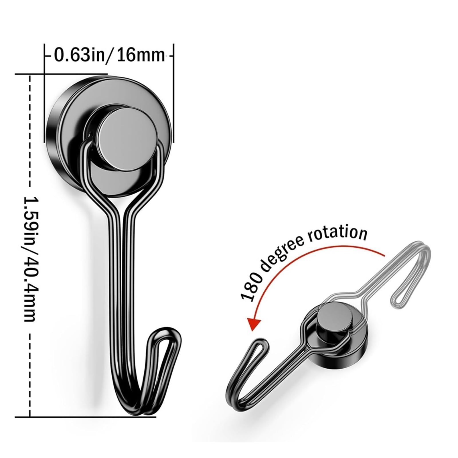 Genérico Ganchos magnéticos giratorios de alta resistencia, gancho magnético negro for refrigerador, parrilla y taquilla(Sliver 10pcs)