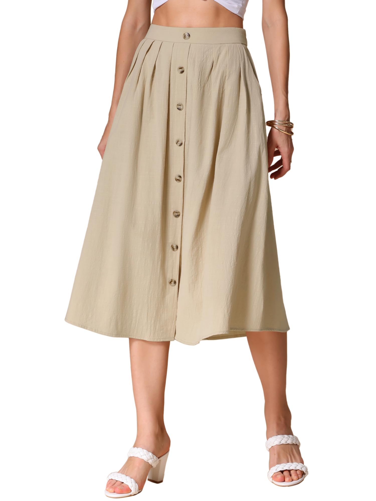 Allegra K Gonna midi in cotone per donna estiva casual con bottoni decorativi in vita elastica gonne a trapezio con tasca
