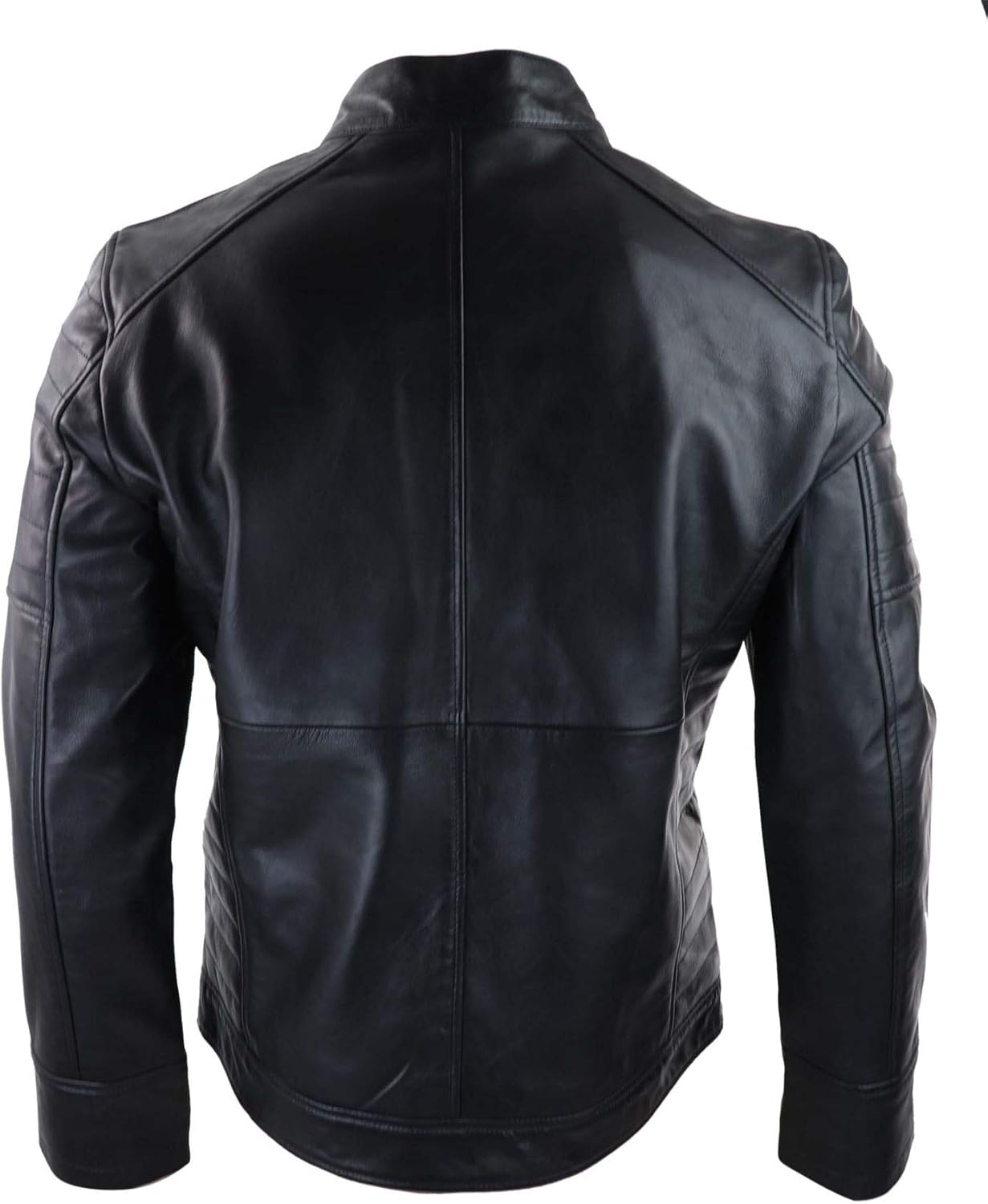 TruClothing Mens Black Real Leather Jacket Short Zipped Biker Style Classic Vintage Retro