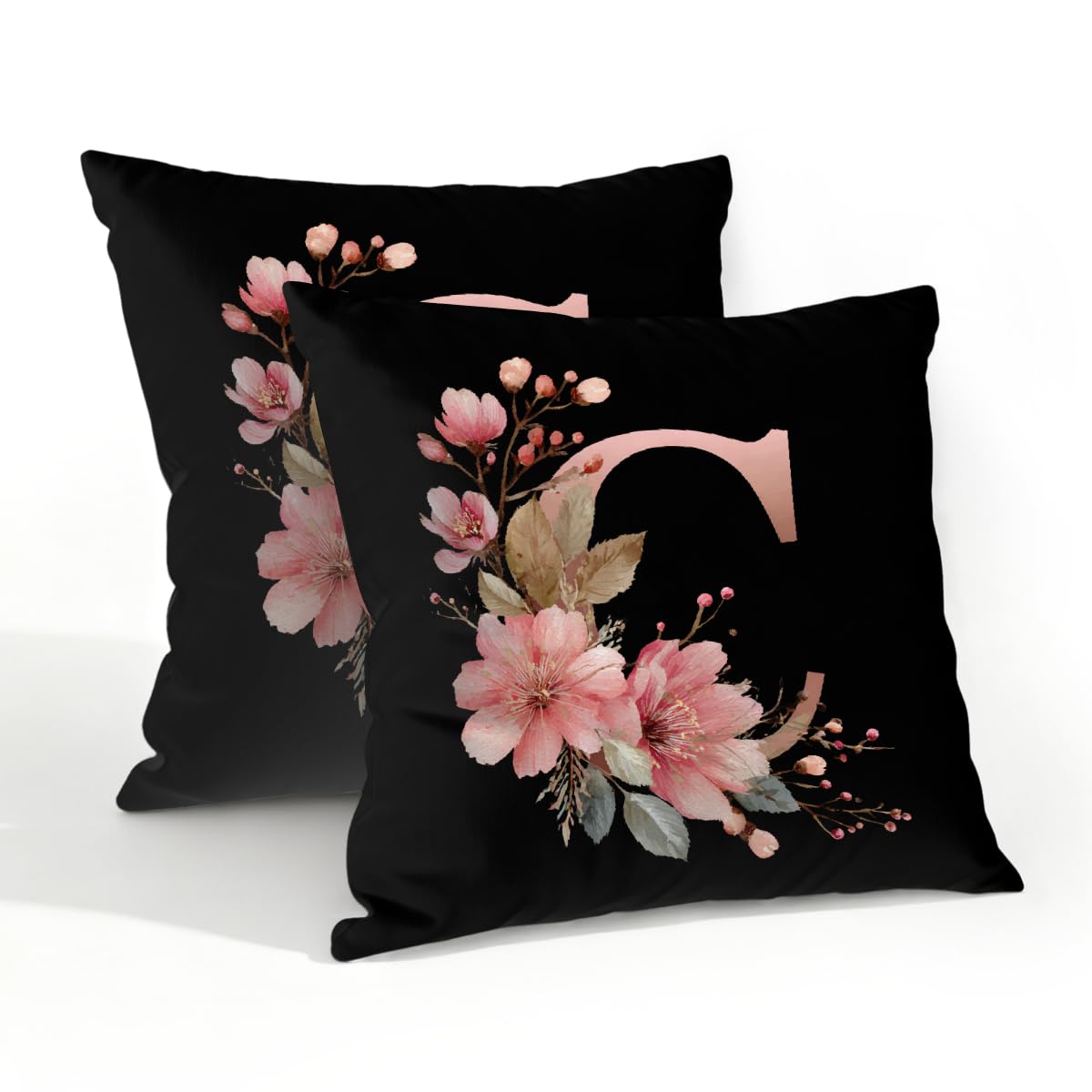 Outdoor Pillow Covers Waterproof Pillowcases 20x20in Set of 2 Botanical Floral Alphabet C On Black Decorative Throw Cushion Case for Couch Sofa Garden Patio Furniture