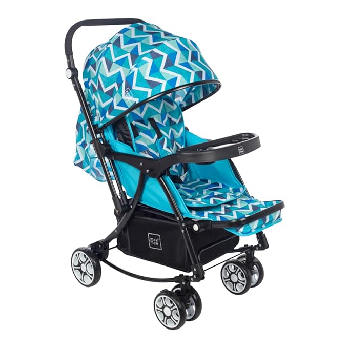 Mee Mee Premium Baby Stroller Pram with Rocker Function | Reversible Handle & Feeding Tray | Comfortable Soft Seating for New Born Baby/Kids, 0-5 Years, Aqua Blue