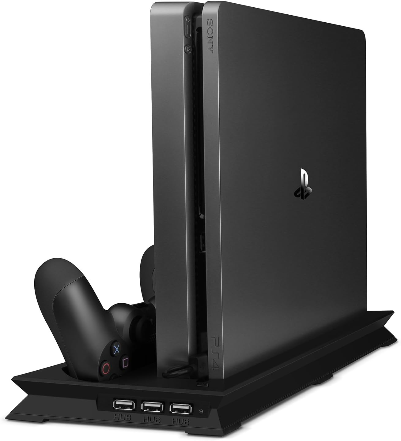 PS4 Slim Cooling Stand, TechRise PS4 Slim Vertical Stand Cooling Fan Cooler Controller Charger Charging Station for Playstation 4 Slim - Black