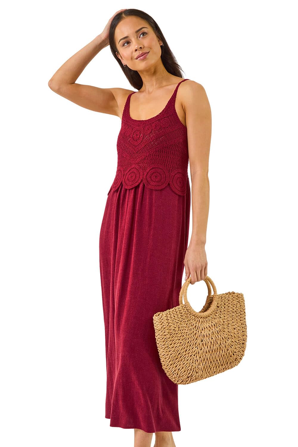 Roman Petite Crochet Contrast Midi Dress, Red, Size 14, Women