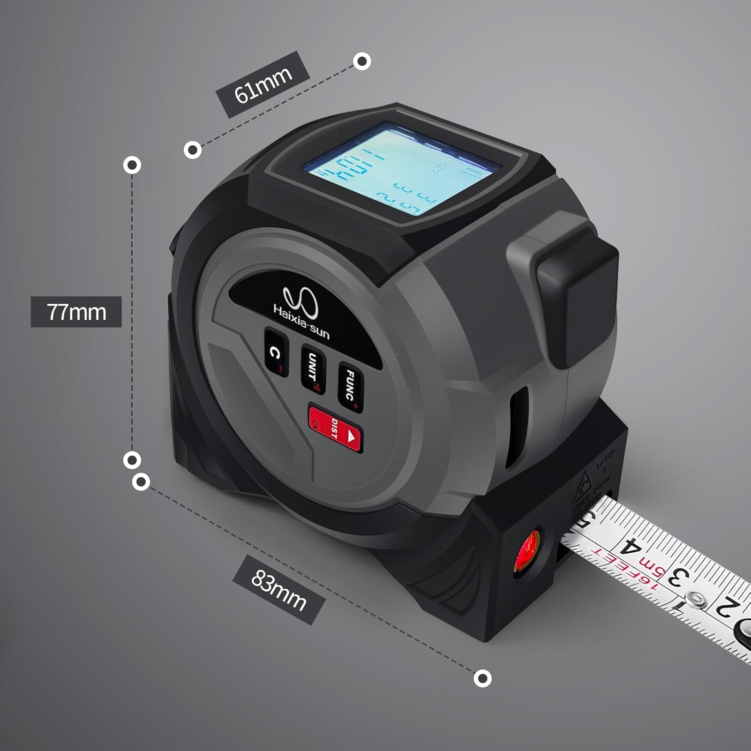 5 in 1 Laser Tape Measure with Level | 196ft/60M Laser Distance Meter Display On Backlit LCD Screen with 16ft/5m AutoLock Measuring Tape | Ft/Inch/Fractions/M/mm (Black 3in1 Laser)
