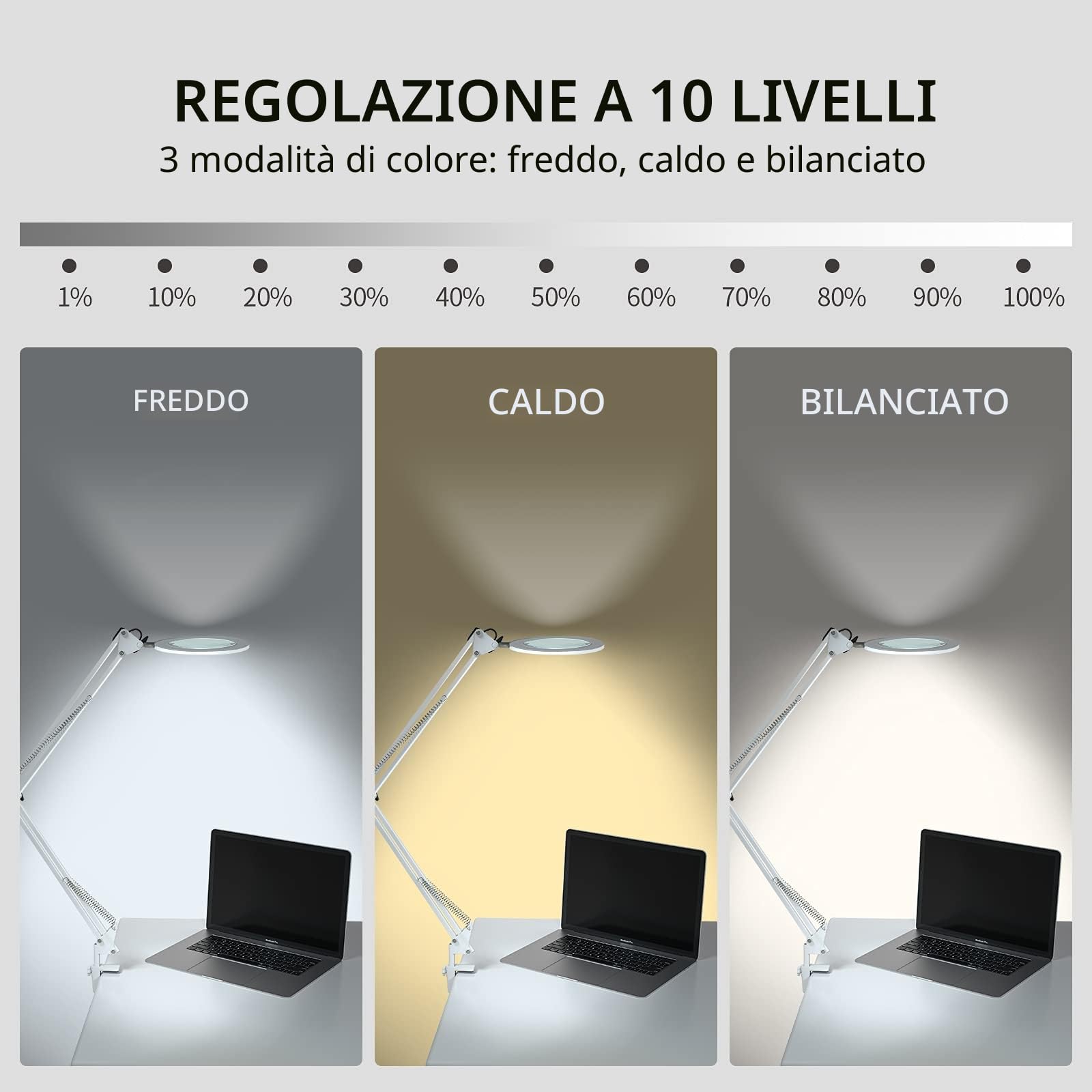 Lampada d'Ingrandimento/Lampada da Lavoro - Lente in Vetro 105 mm 5 Diottrie, 750 Lumen Dimmmerabile 3 Colori, Braccio Orientabile 90 cm per Hobby Creativi e Lavori di Precisione