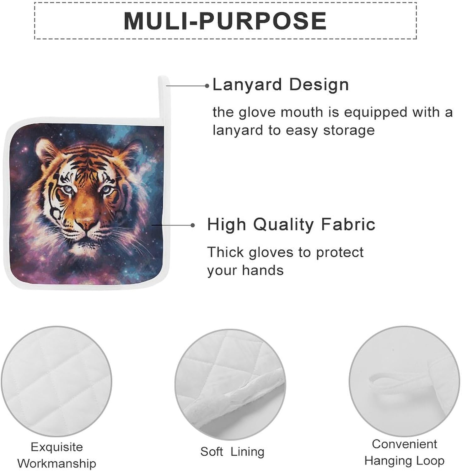 Pot Holder Set of 2 Galaxy Tiger Printed Potholders for Kitchens Heat Resistant & Non Slip Potholders for Kitchen Cooking Baking BBQ