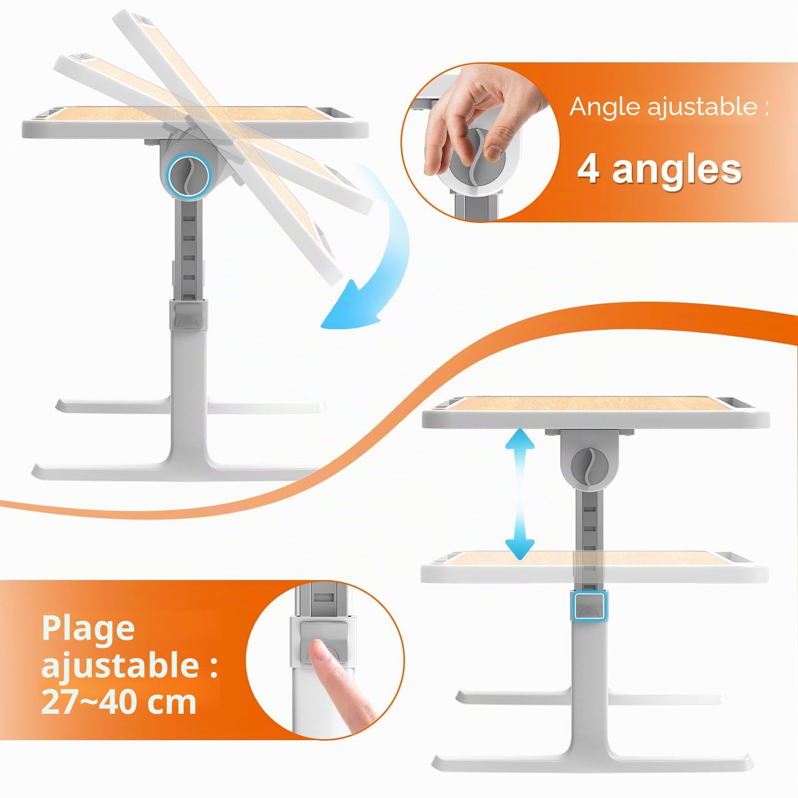 Huracan Plateau de Lits Pliable, Table Lit pour Ordinateur Portable, Réglable en Hauteur et Angle, Inclinable Support pc Portable Lit avec Tiroir/Lampe LED, Table pour Canapé/Sol (60x34cm, Noyer)