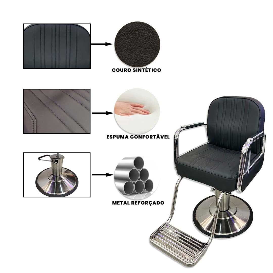 Sillón de peluquería hidráulico con estructura de acero inoxidable, tapizado con costuras verticales, reposapiés metálico, multifunción para barbería, salón de belleza, tatuaje y maquillaje