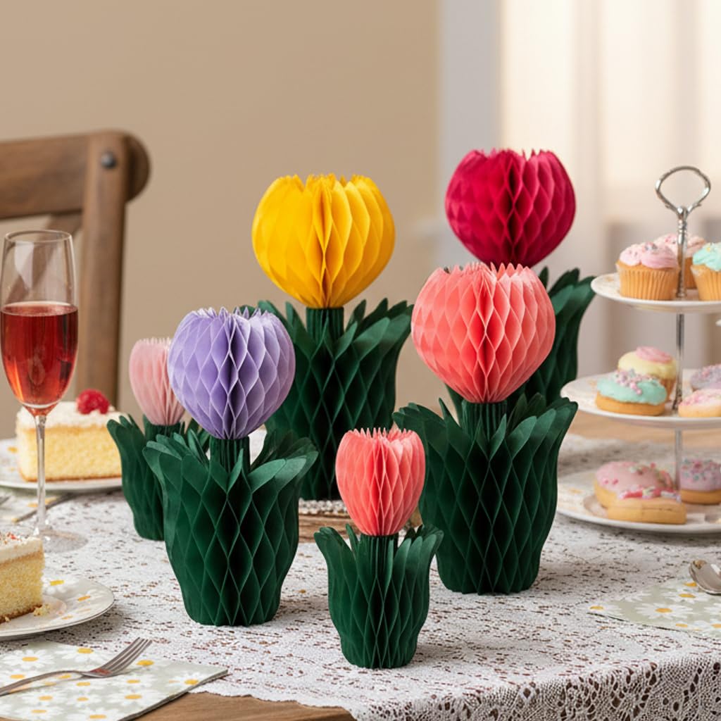 Centre de table tulipe en papier nid d'abeille, kit de décoration pour anniversaire