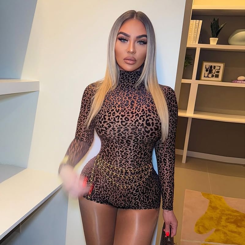 Molilove Womens Cheetah Print Romper Sexy Bodycon Shorts Jumpsuit Long Sleeve Crew Neck One Piece Outfits Y2K Trendy Clothes - Image 5