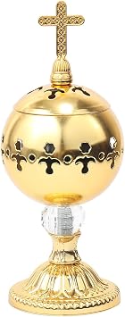 Nazareth Store Gold Incense Burner Charcoal Polished Brass Censer Christian Church Incense Holder Incense Cones Cross 7.9" Aromatherapy Fragrance Ornament