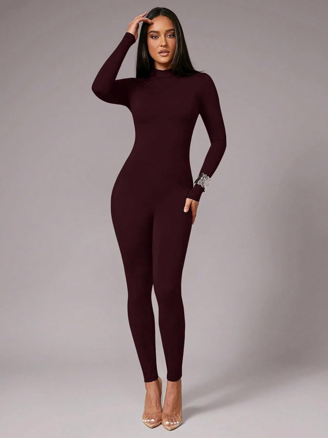 Women's Summer Casual Jumpsuit Long Sleeve Stretch Knit Square Neck Jumpsuit Beach Fashion Romper