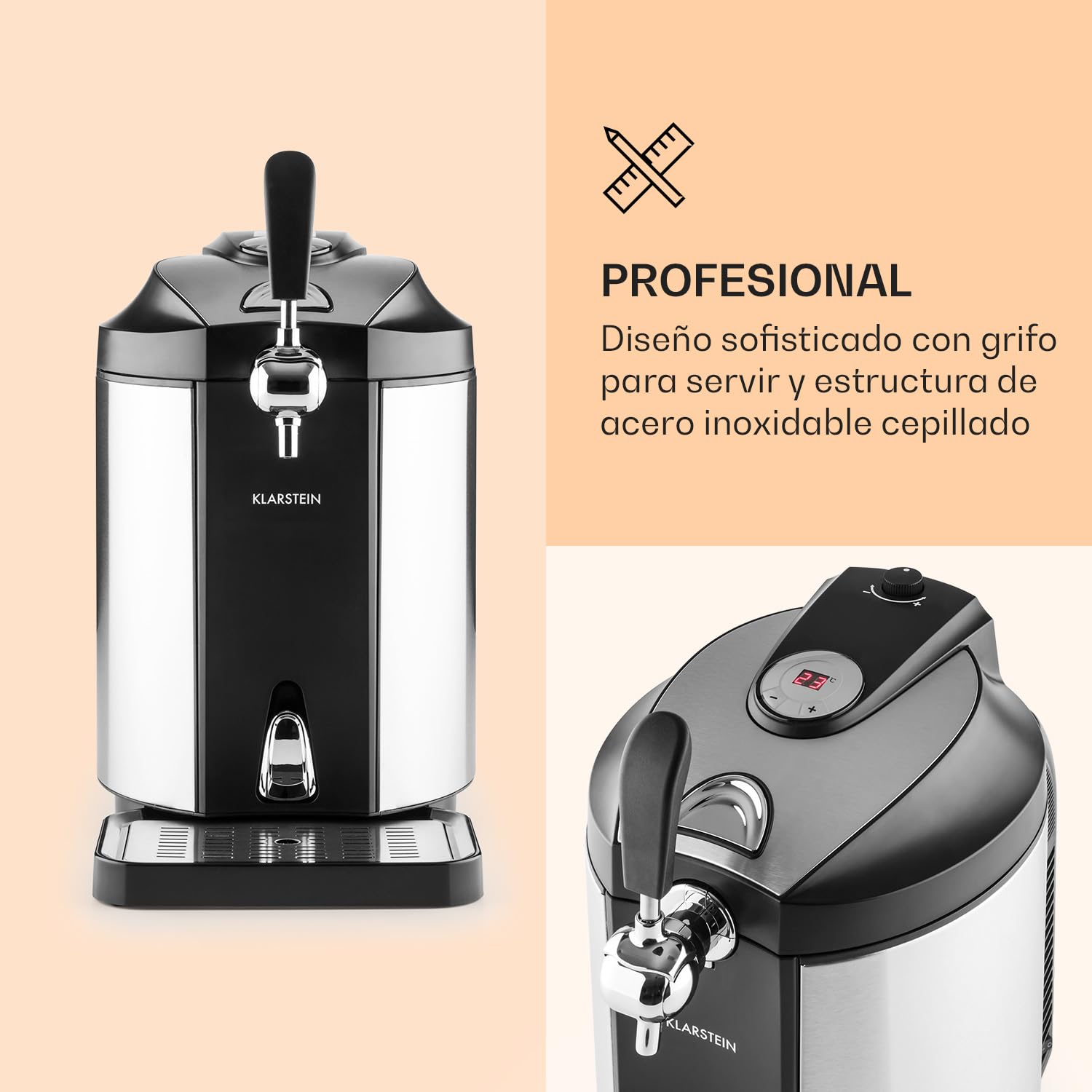 Klarstein Skal - dispensador de cerveza universal con enfriador integrado, refrigeración a 2-12 °C, 5 litros, sistema termoeléctrico, 38 dB, gris plateado