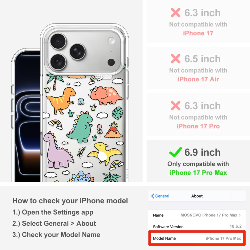 MOSNOVO iPhone 17 Pro Max Case, Transparent Shockproof TPU Cover [Protection from Military Falls up to 2 m] [Anti-Flick Technology] - Dinosaur Land - 2