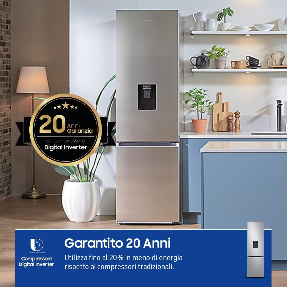 Samsung Frigorifero Combinato EcoFlex AI RB38C634DSA/EF con Dispenser dell'Acqua, WiFi, SpaceMax, Total No Frost, Motore Digital Inverter Garantito 20 Anni, 386 L, LxAxP: 59,5x203x65,8 cm, Silver Inox