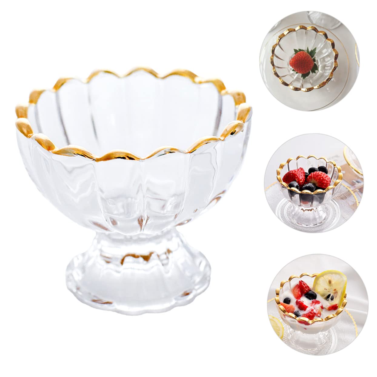 POPETPOP 3 Pezzi Tazza da Dessert Vetro Trasparente Forma di Fiore con Dorato Coppa Gelato Creativa Monoporzione per Dolci Casalinghi e Pudding