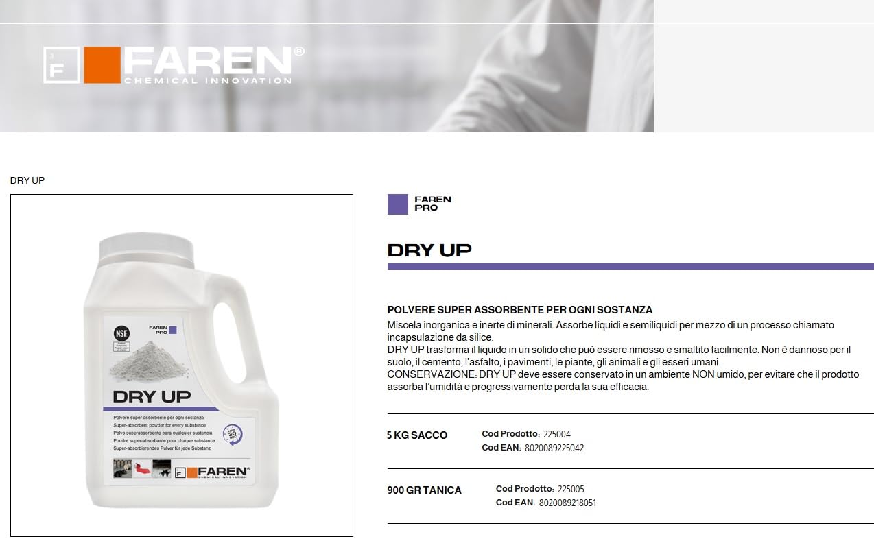 Faren DRY UP, Polvere Assorbente per Liquidi Minerale Ecologica, Ideale per Olio, Vernici, Acidi, Grassi, Pulizia Pavimenti, Assorbi Liquidi, 900g (4)
