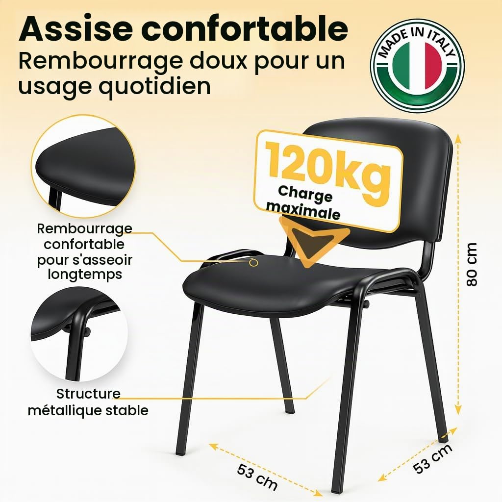 Topsit Lot de 4 Chaises Visiteur, chaises de conférence Structure en métal, rembourées et avec revêtement en Similicuir, Chaise empilable, pour la Maison, Le Bureau, la réception, Les Pauses.