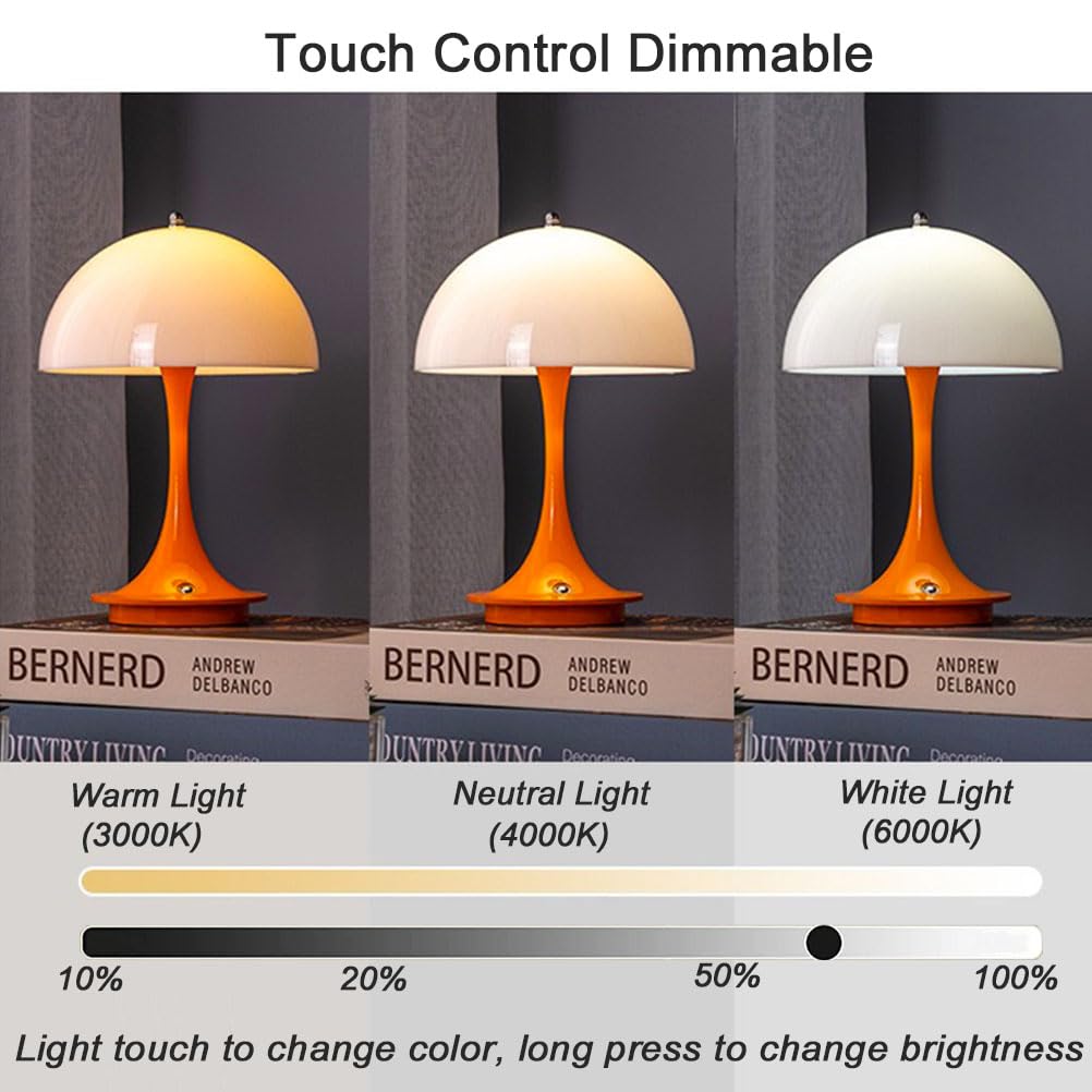 Lampada da tavolo a LED Senza fili Batteria Fungo Lampada da tavolo con Touch Dimmerabile Lampada da comodino Ricaricabile USB Lampada a fungo Moderna 3000K-6000K Luce da Scrivania a LED,Arancia