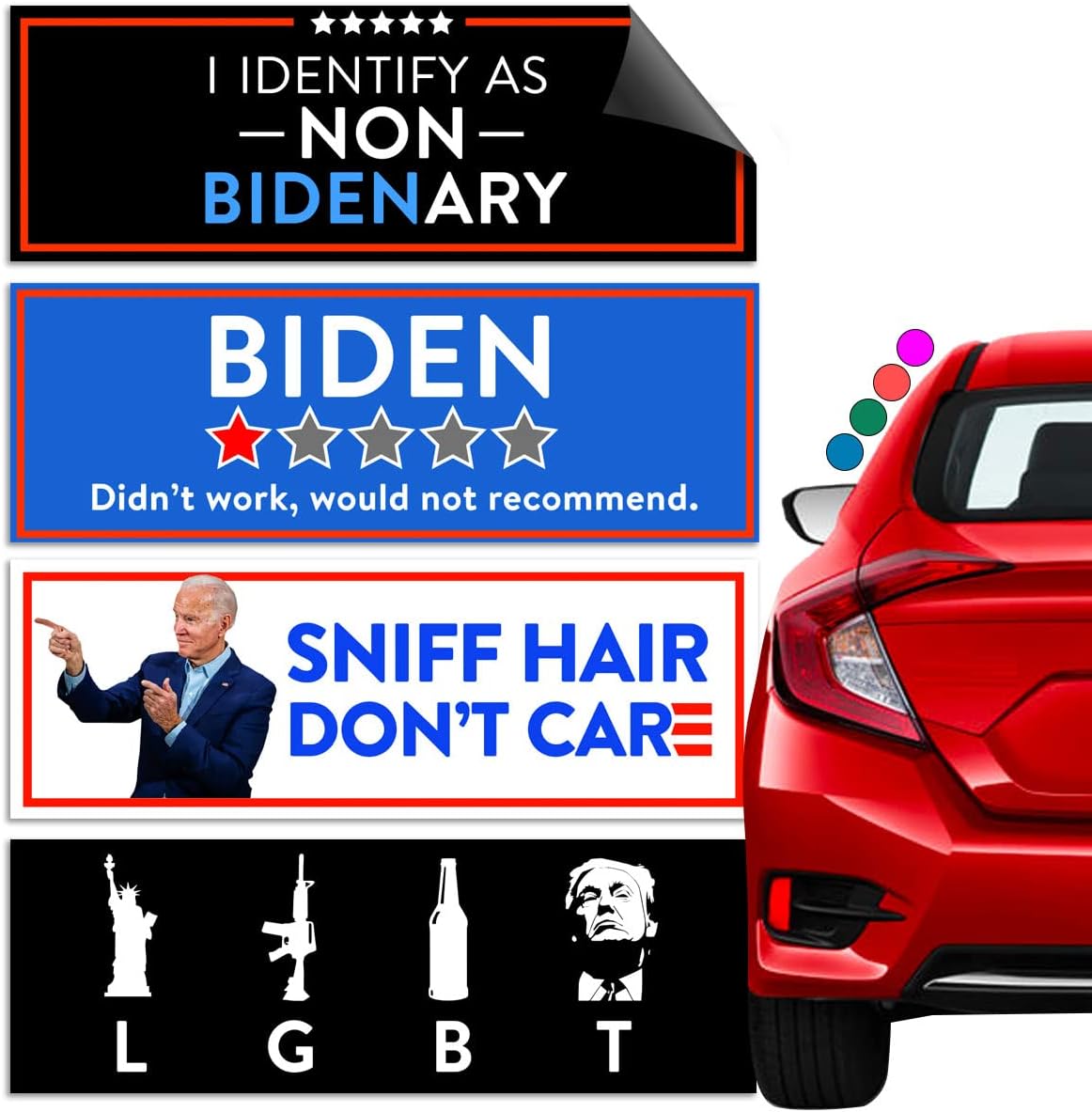 Rio Salto4-Pack Funny Political Magnets, Fun Prank, Trump President Candidate 2024, Maga, Anti Joe Biden Fun Car Accessories Donald Bumper Decal Bumper Pranks for Adults Joke Make America Great Again