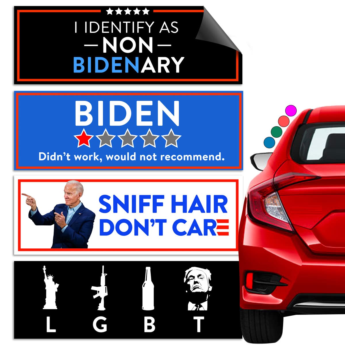 Rio Salto4-Pack Funny Political Magnets, Fun Prank, Trump President Candidate 2024, Maga, Anti Joe Biden Fun Car Accessories Donald Bumper Decal Bumper Pranks for Adults Joke Make America Great Again