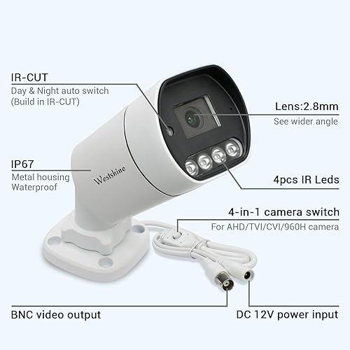 Miniatura 2 de Westshine Cámara de seguridad analógica 4 en 1 (AHDTVICVI960H), lente de 0.110 in de alta definición IR visión nocturna Cámara CCTV gran angular,