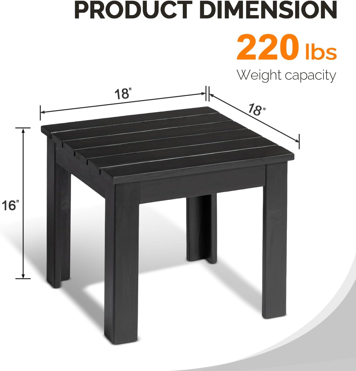 VINGLI Outdoor Adirondack Side Table, 18 Square Thick Wooden Coffee Table, Patio Side Table Conversation End Table for Patio Backyard, Garden, Poolside and Balcony (Black)