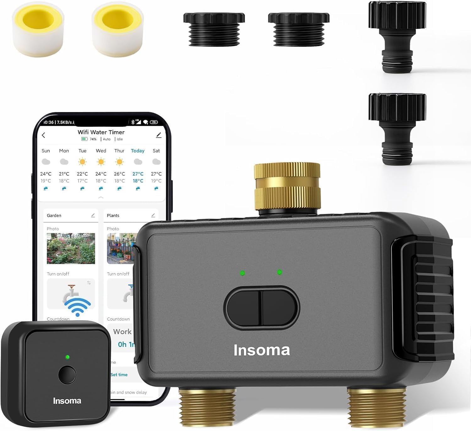 Insoma Smart Water Hose Timer with 2 outlets, WiFi hub, and various connectors.