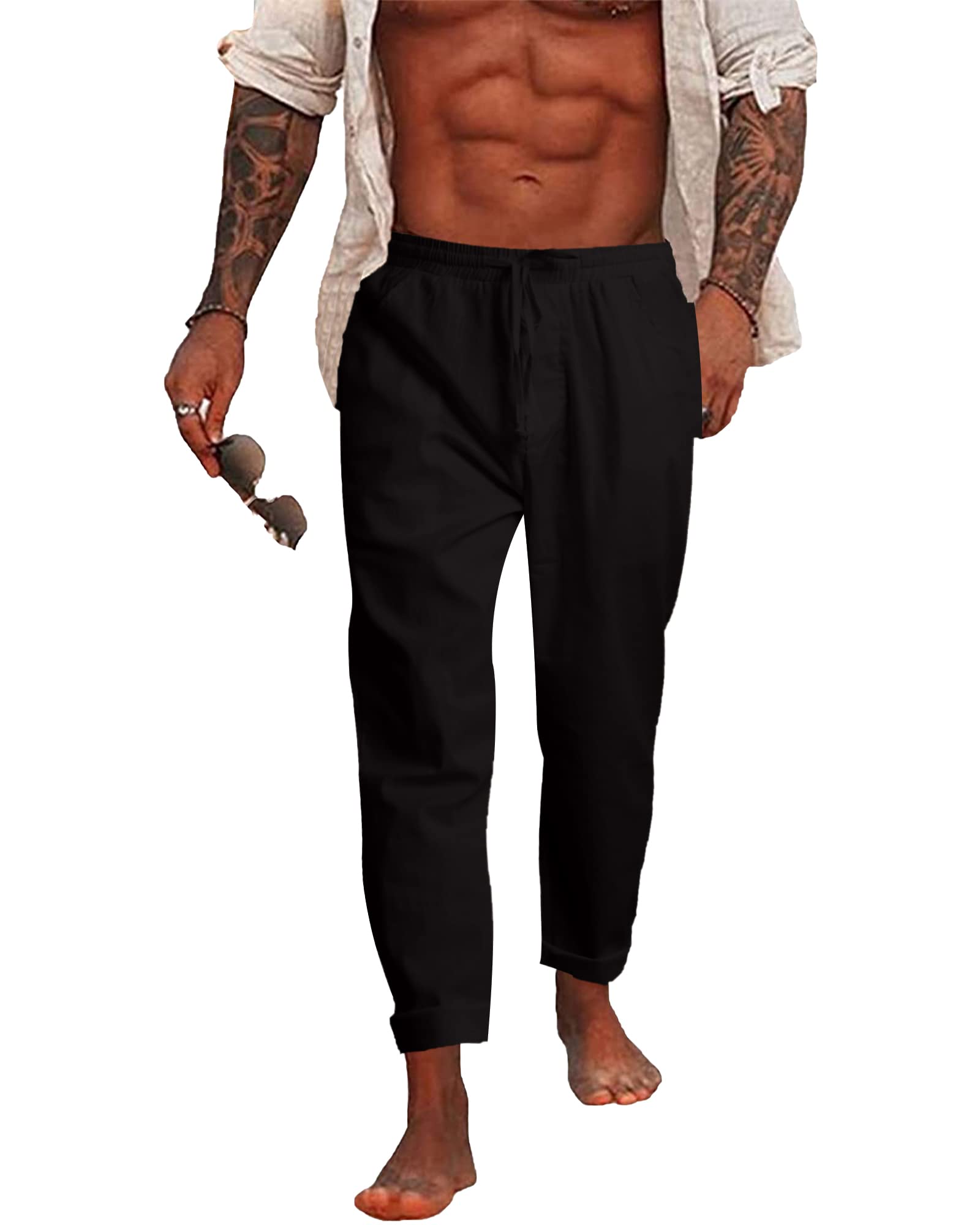 NANAMEEI Leinenhose Herren Sommerhose Lang Baumwolle Slim Fit mit Taschen Elastischer Bund