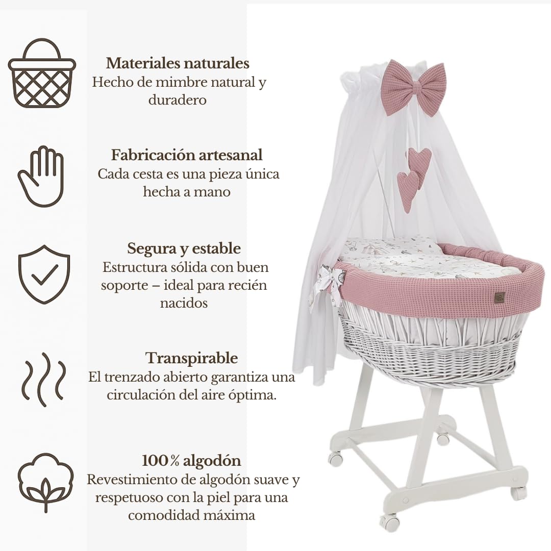 Wiklinopol Moisés con dosel Lena – Moisés de mimbre con estructura – Cesta para bebé en color blanco, juego completo con 5 piezas, ropa de cama de conejito rosa – con ruedas, portátil, segura