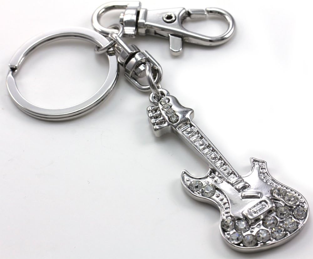 Electric Guitar Music Instrument Punk Rocker Rock Star Keychain Key Ring Charm Clear Rhinestones