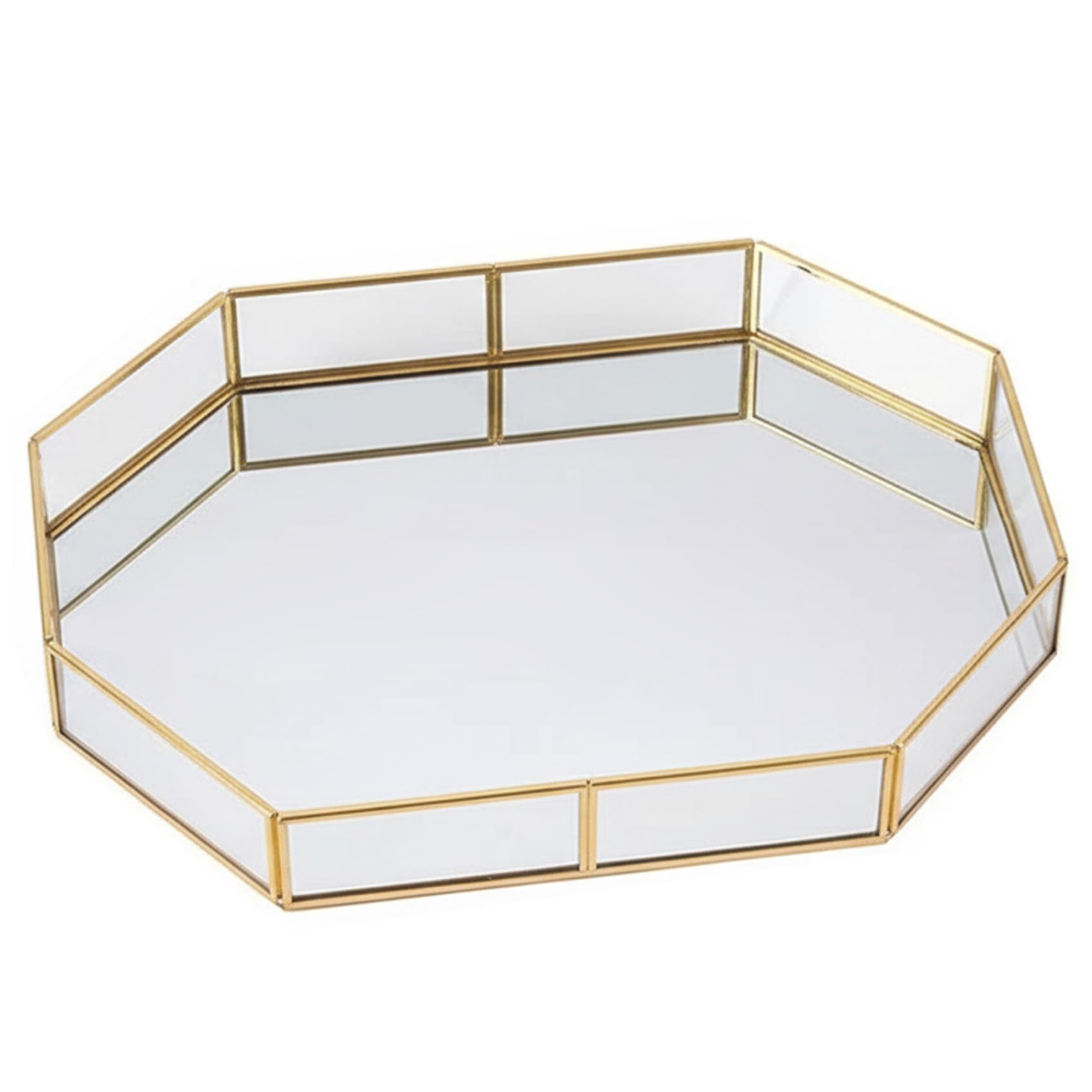 Plateau vanité en verre et miroir doré au design géométrique chic