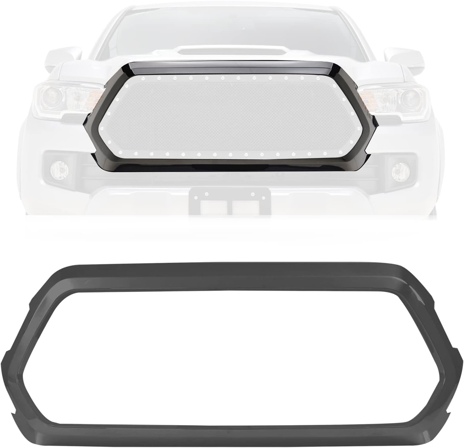 Front Upper Grille Shell Compatible with 2016-2023 Toyota Tacoma， Black ABS Plastic Replacement Grill Frame