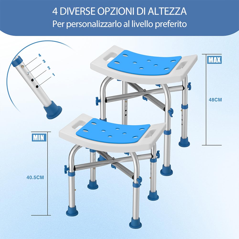 BAKAJI Sgabello da Doccia per Anziani, Disabili e Persone con Mobilità Ridotta, Struttura in Alluminio con Piedini Antiscivolo e Base Stabile, Sedia da Vasca con Fori di Drenaggio e Altezza Regolabile
