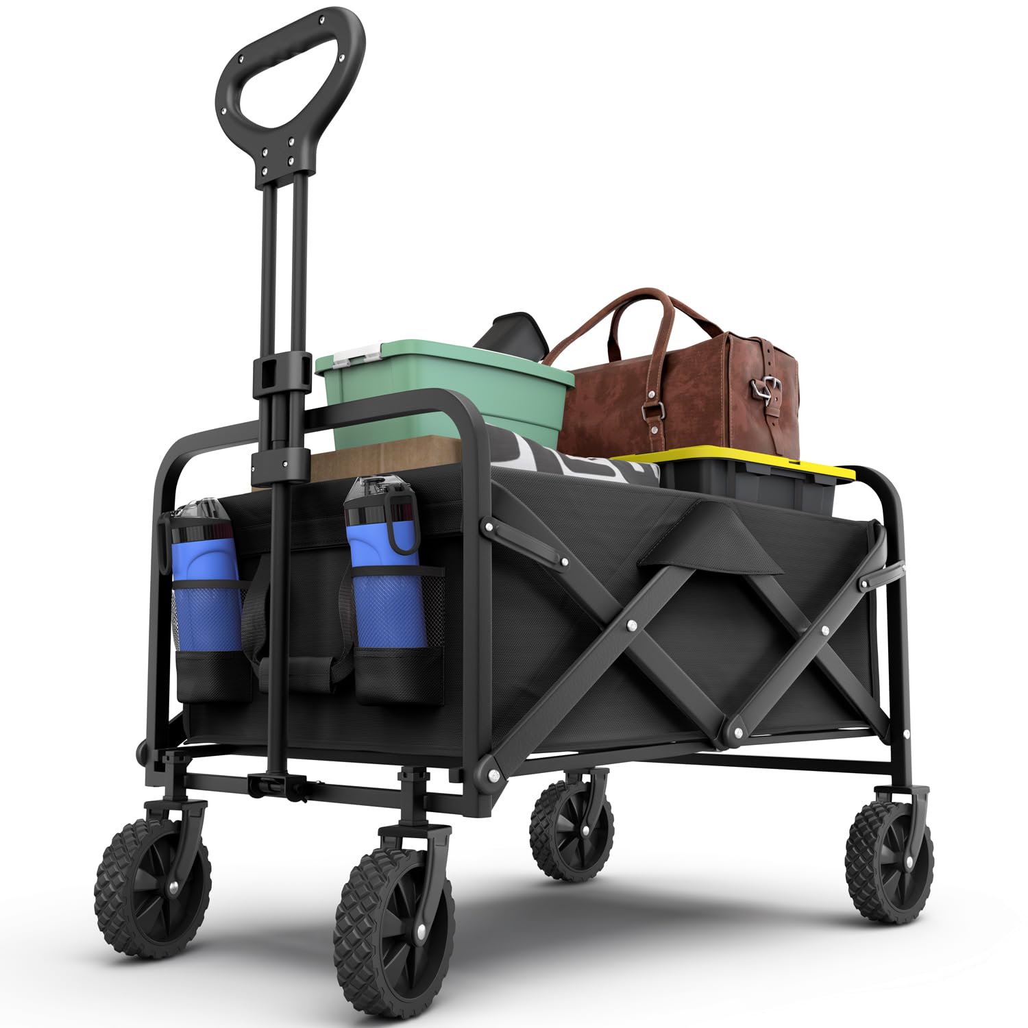 Collapsible Foldable Heavy Duty Utility Wagon Cart with Larger Capacity - Perfect for Shopping, Sports Events, Grocery, Moving, Camping, Laundry, Beach - Black