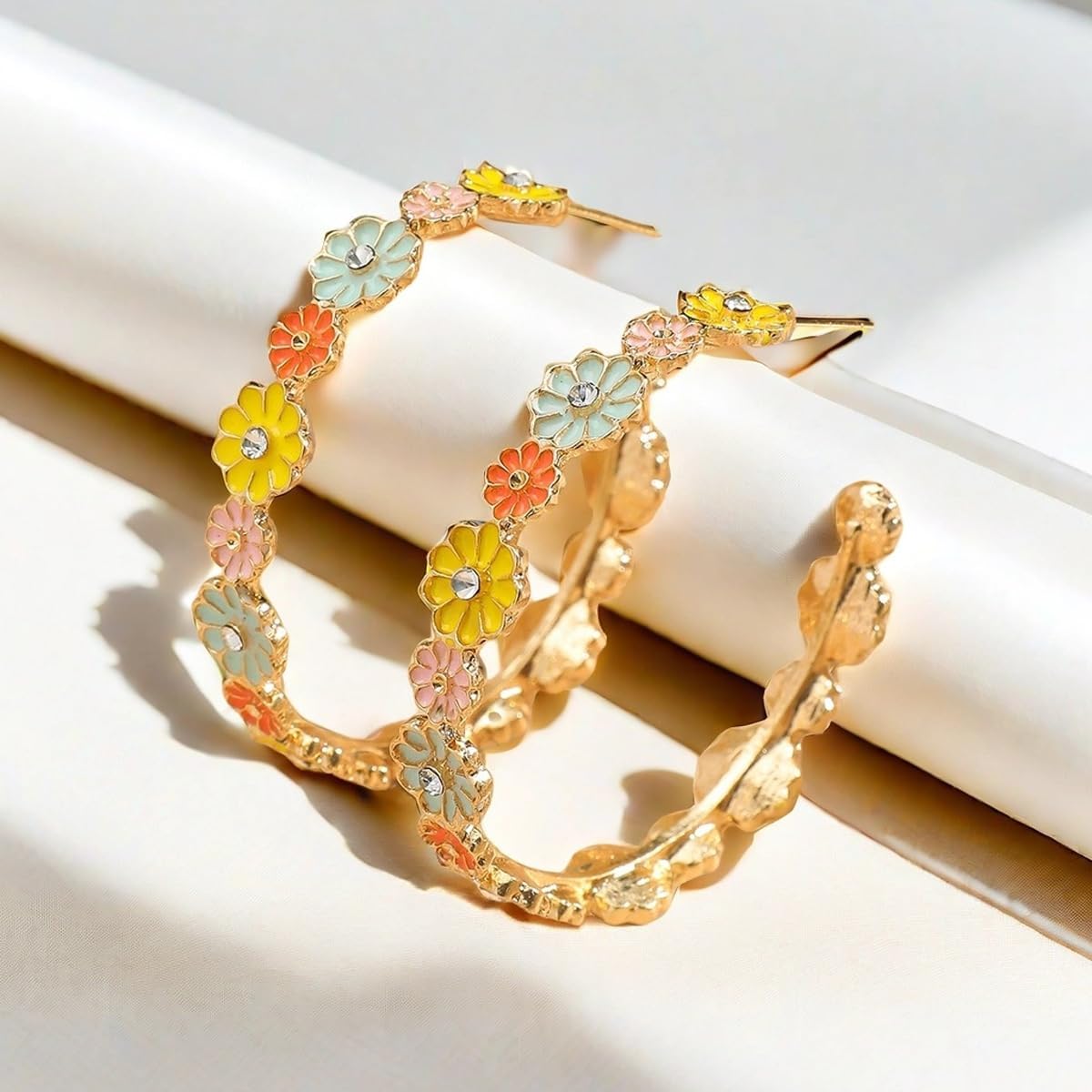 Colorful Daisy Flower Hoop Dangle Earrings for Women, Dainty 14K Gold Enamel Floral Drop Statement Earrings Trendy Rainbow Blossom Jewelry Gifts - Image 6