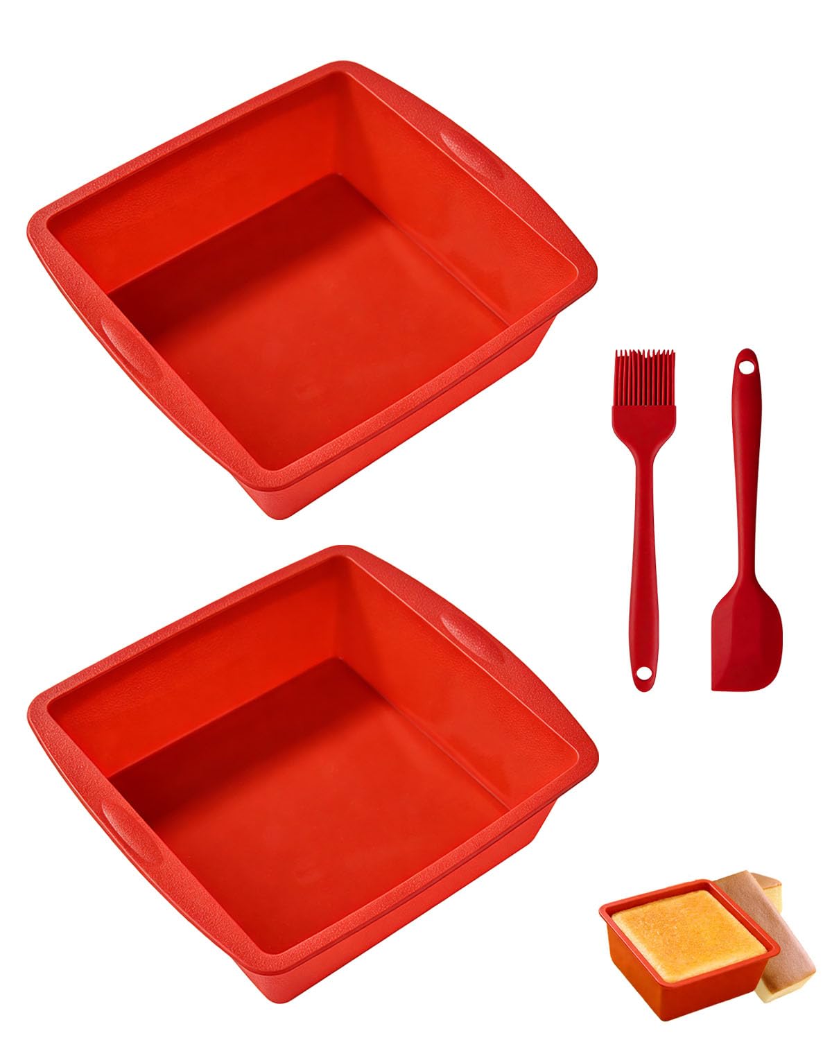 Silicone Cake Moulds 2 Pack, Square Cake Tins with Spatula & Brush, 19.5x17.5x5.5cm